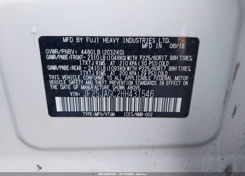 2017 SUBARU FORESTER 2.5I PREMIUM VIN: JF2SJAGC2HH431546