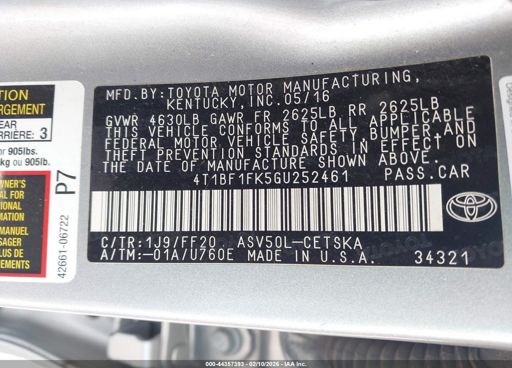 2016 TOYOTA CAMRY SE VIN: 4T1BF1FK5GU252461