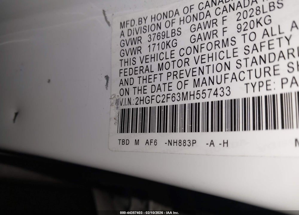 2021 HONDA CIVIC LX VIN: 2HGFC2F63MH557433