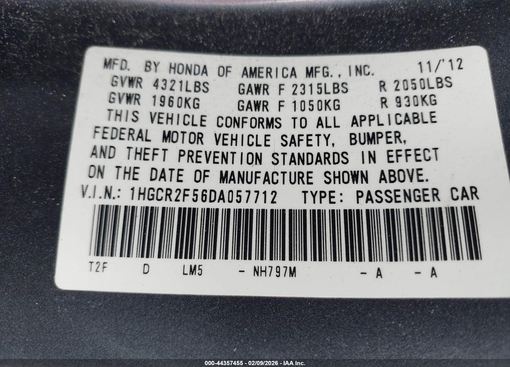 2013 HONDA ACCORD SPORT VIN: 1HGCR2F56DA057712