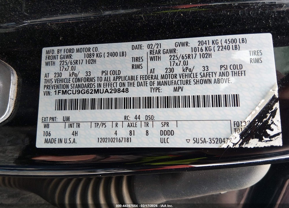 2021 FORD ESCAPE SE VIN: 1FMCU9G62MUA29848