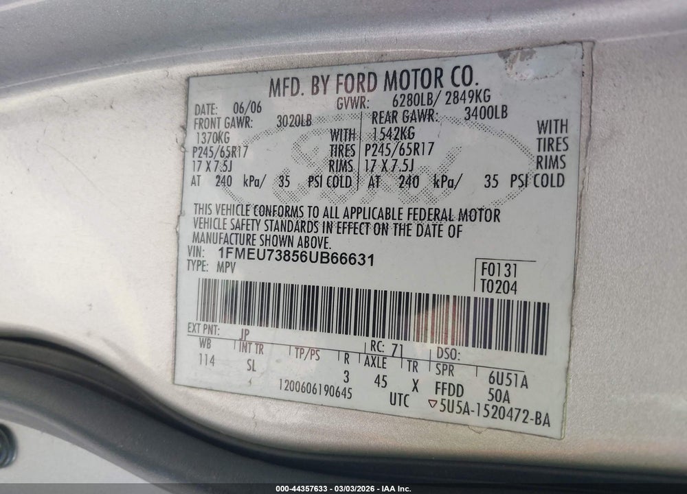 2006 FORD EXPLORER XLT VIN: 1FMEU73856UB66631