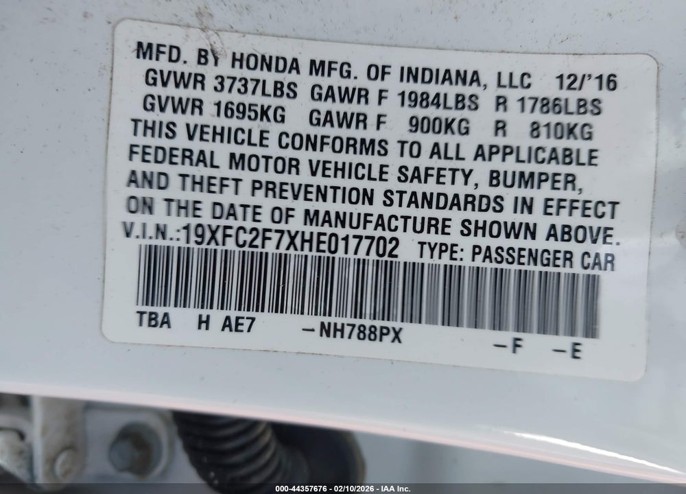 2017 HONDA CIVIC EX VIN: 19XFC2F7XHE017702