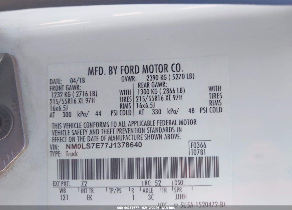 2018 FORD TRANSIT CONNECT XL VIN: NM0LS7E77J1378640