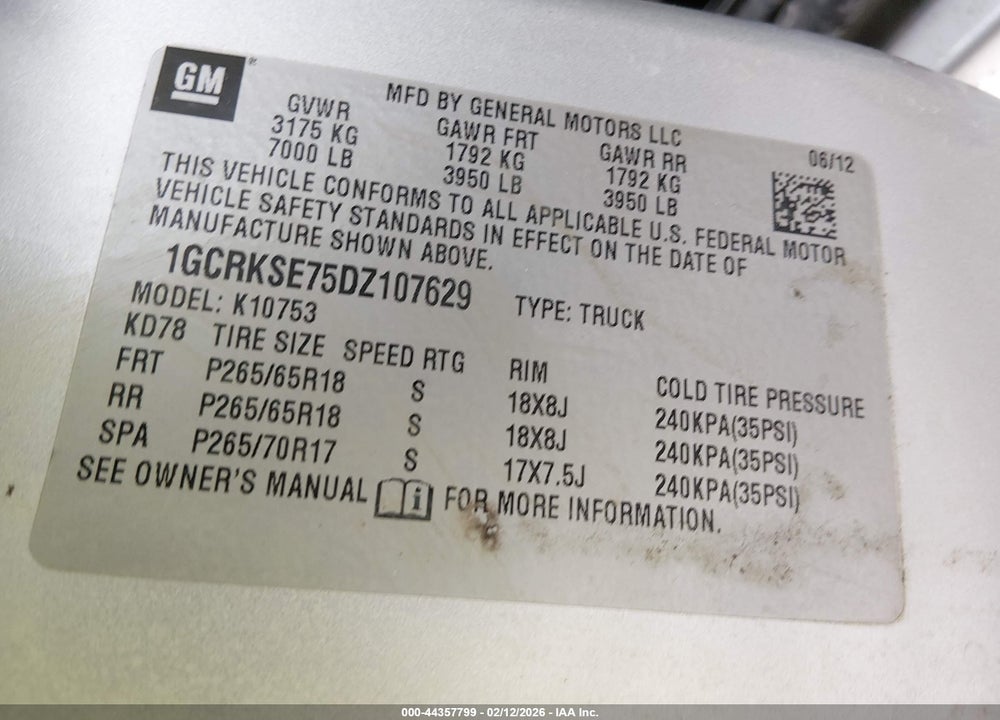 2013 CHEVROLET SILVERADO 1500 LT VIN: 1GCRKSE75DZ107629