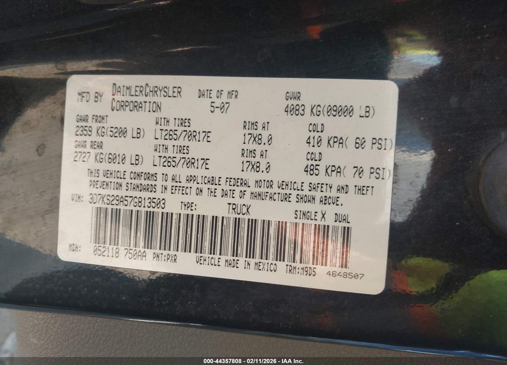 2007 DODGE RAM 2500 SLT VIN: 3D7KS29A57G813503
