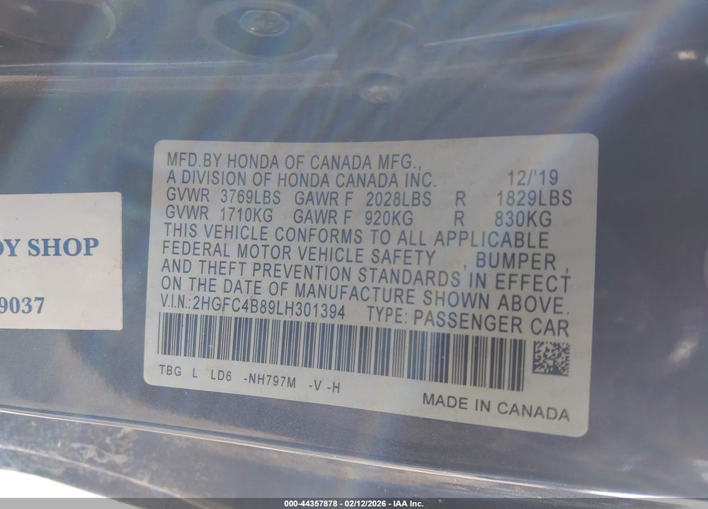 2020 HONDA CIVIC SPORT VIN: 2HGFC4B89LH301394