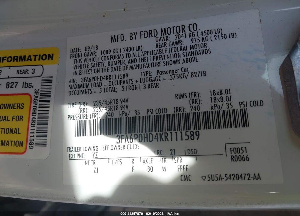2019 FORD FUSION SE VIN: 3FA6P0HD4KR111589