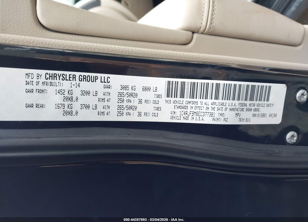 2014 JEEP GRAND CHEROKEE LIMITED VIN: 1C4RJFBM6EC377381