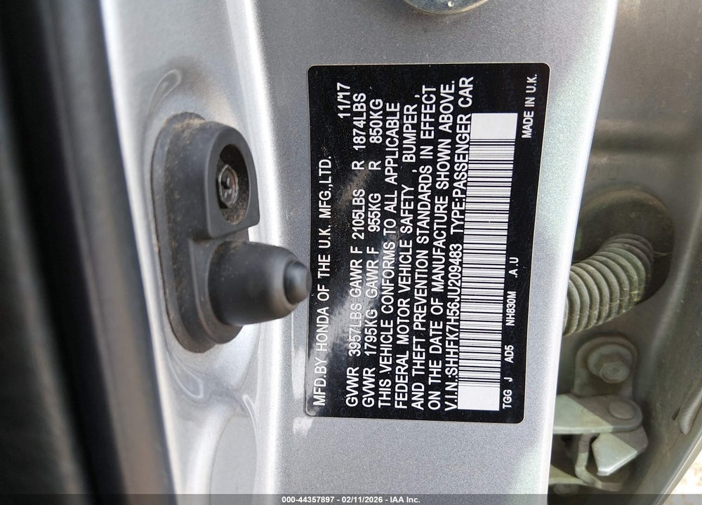 2018 HONDA CIVIC EX VIN: SHHFK7H56JU209483