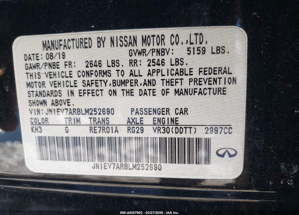 2020 INFINITI Q50 LUXE AWD VIN: JN1EV7AR8LM252690