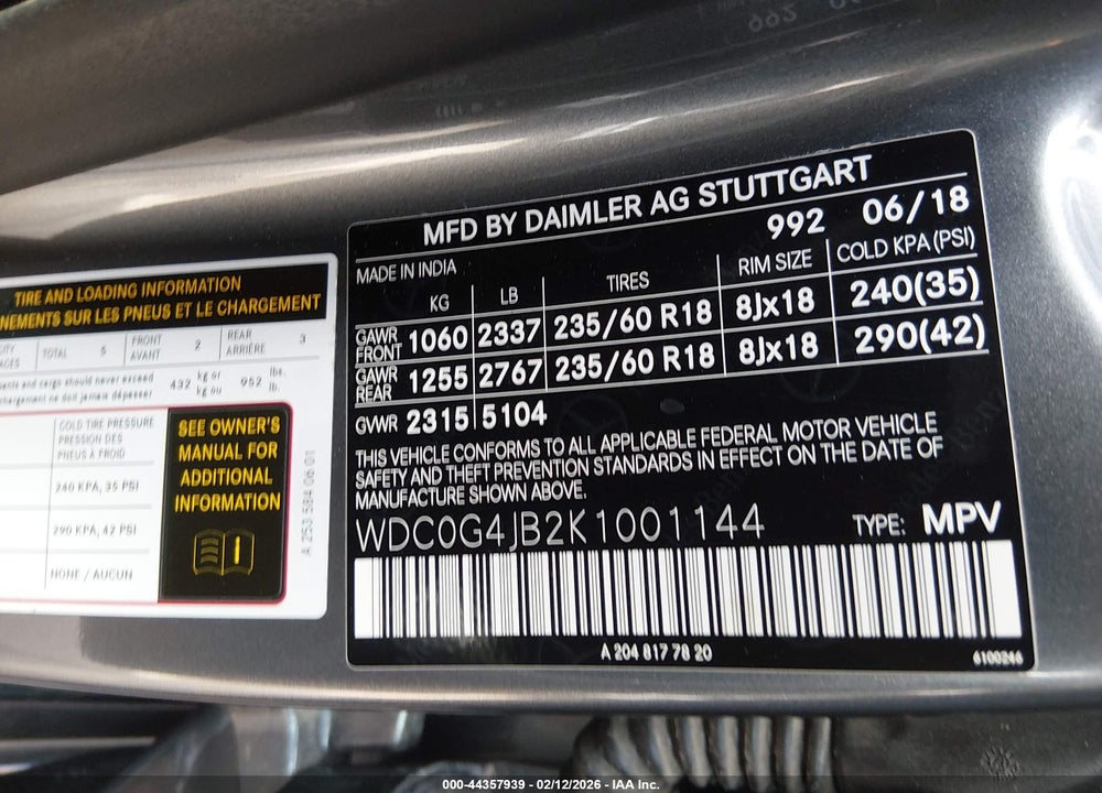 2019 MERCEDES-BENZ GLC 300 VIN: WDC0G4JB2K1001144