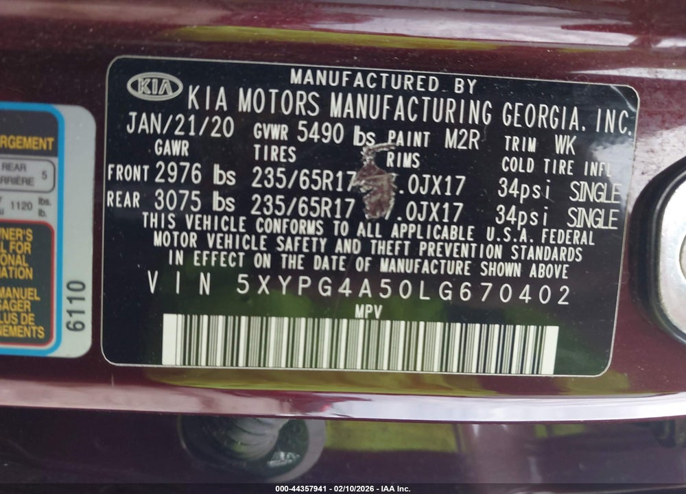 2020 KIA SORENTO 3.3L LX VIN: 5XYPG4A50LG670402