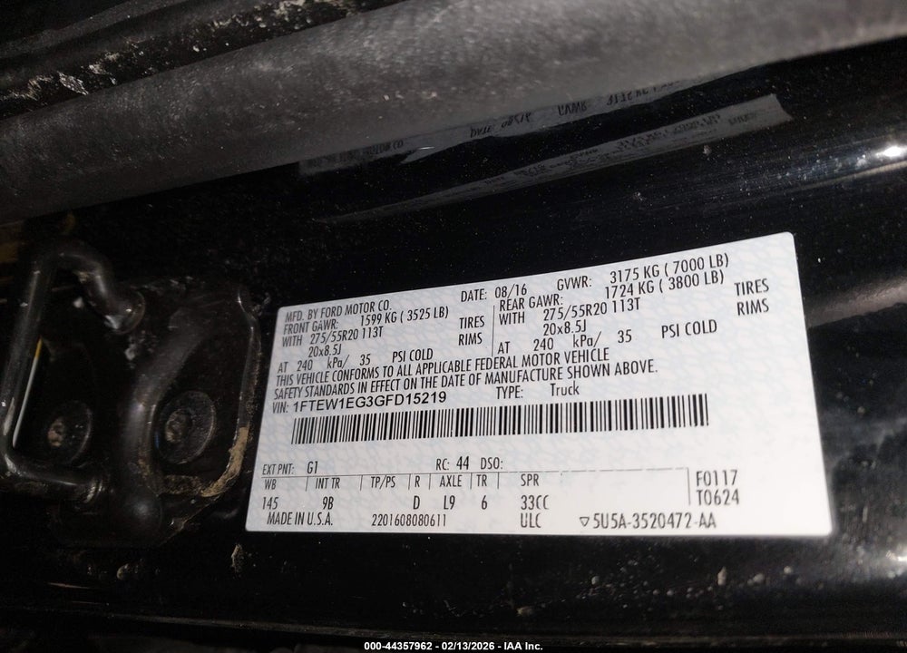 2016 FORD F-150 PLATINUM VIN: 1FTEW1EG3GFD15219