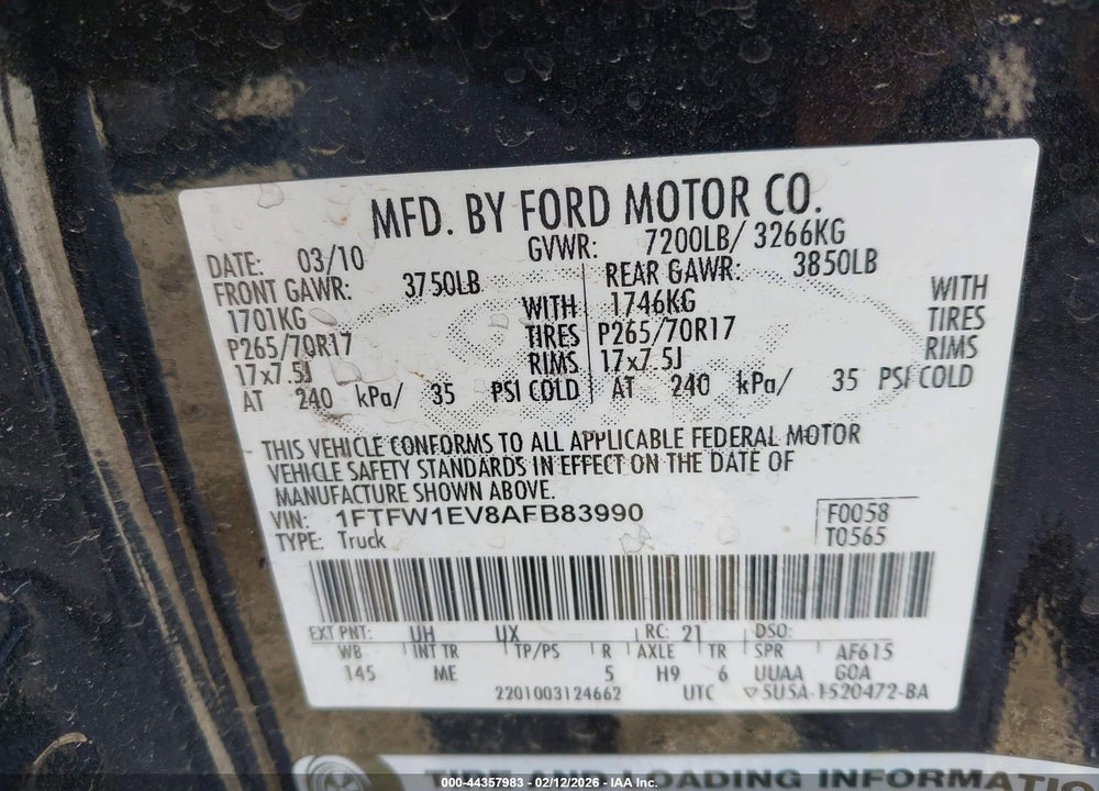 2010 HARLEY-DAVIDSON FORD F-150 FX4//KING RANCH/LARIAT/PLATINUM/XL/XLT VIN: 1FTFW1EV8AFB83990