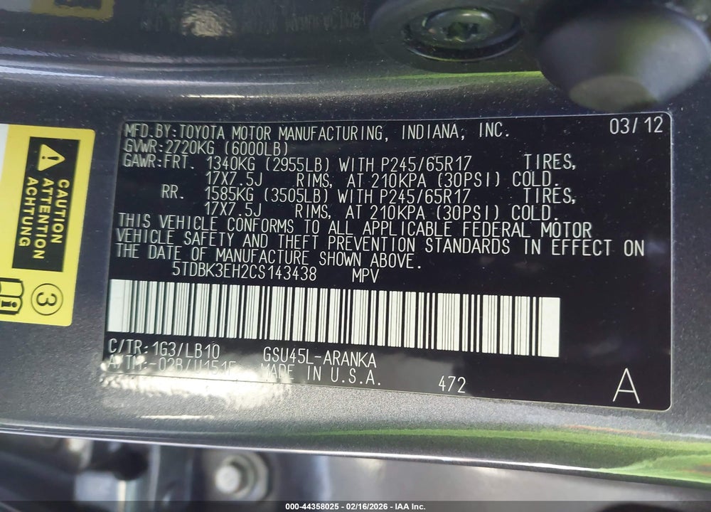 2012 TOYOTA HIGHLANDER SE V6 VIN: 5TDBK3EH2CS143438