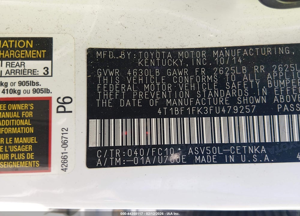 2015 TOYOTA CAMRY LE VIN: 4T1BF1FK3FU479257