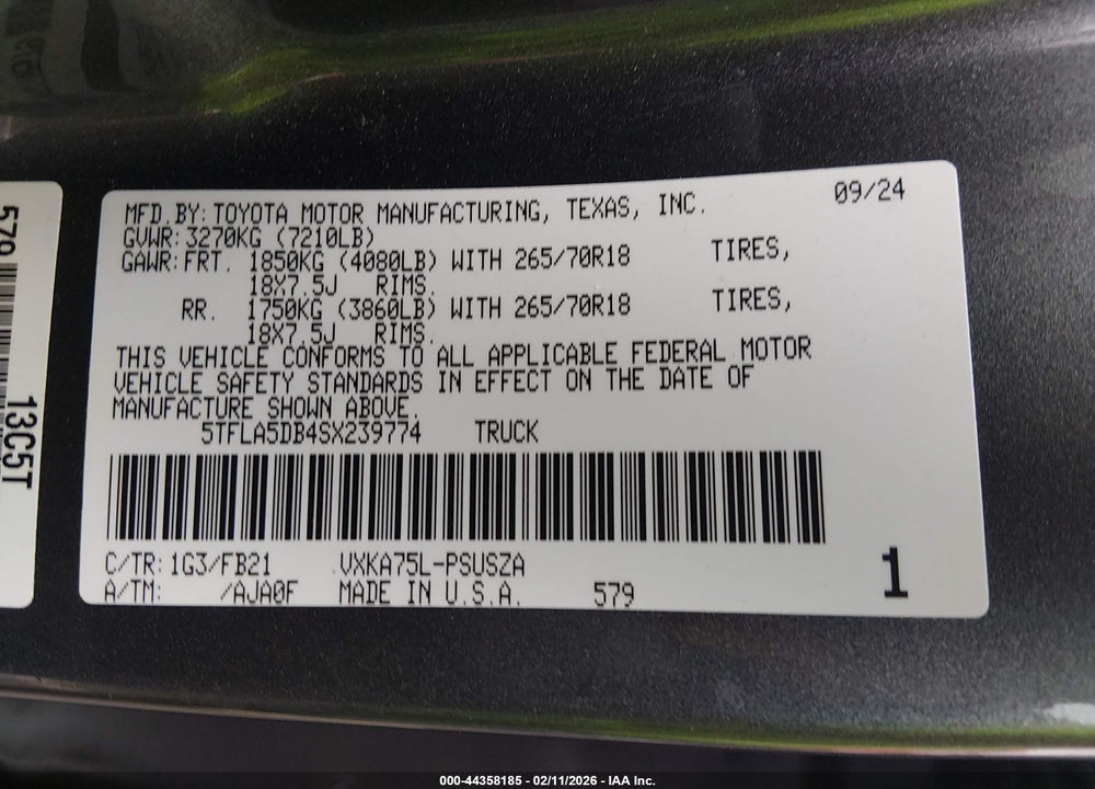 2025 TOYOTA TUNDRA SR5 VIN: 5TFLA5DB4SX239774