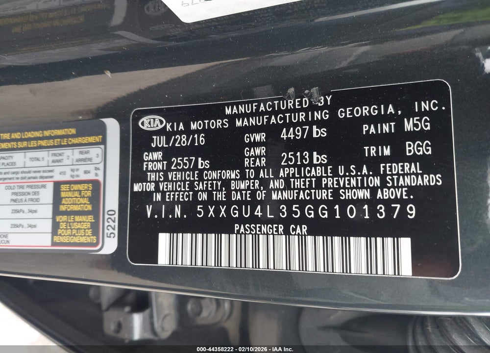 2016 KIA OPTIMA EX VIN: 5XXGU4L35GG101379