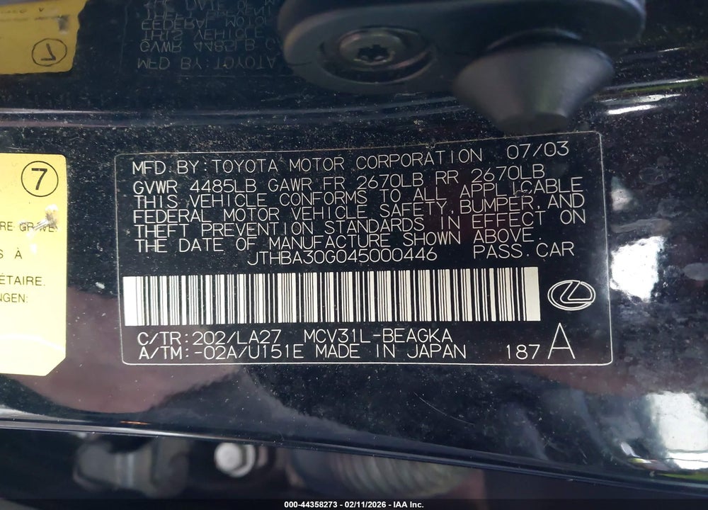 2004 LEXUS ES 330 VIN: JTHBA30G045000446