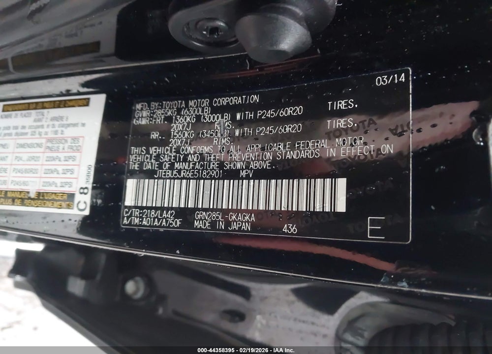 2014 TOYOTA 4RUNNER LIMITED VIN: JTEBU5JR6E5182901