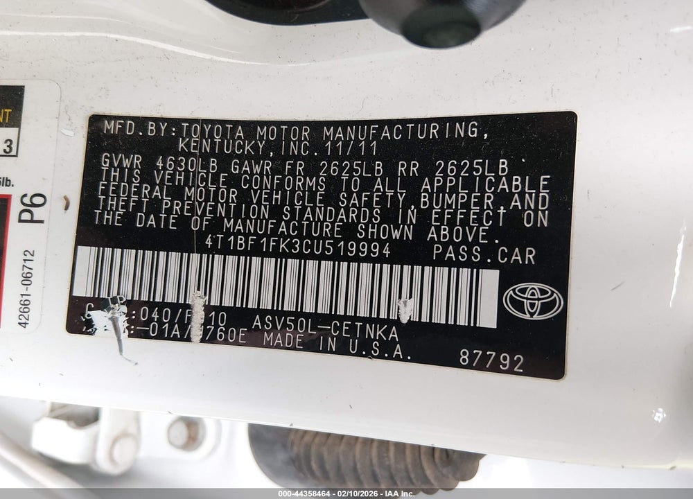 2012 TOYOTA CAMRY LE VIN: 4T1BF1FK3CU519994