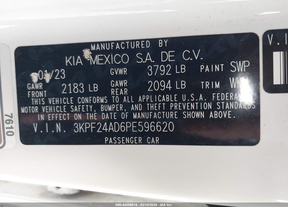 2023 KIA FORTE LXS VIN: 3KPF24AD6PE596620