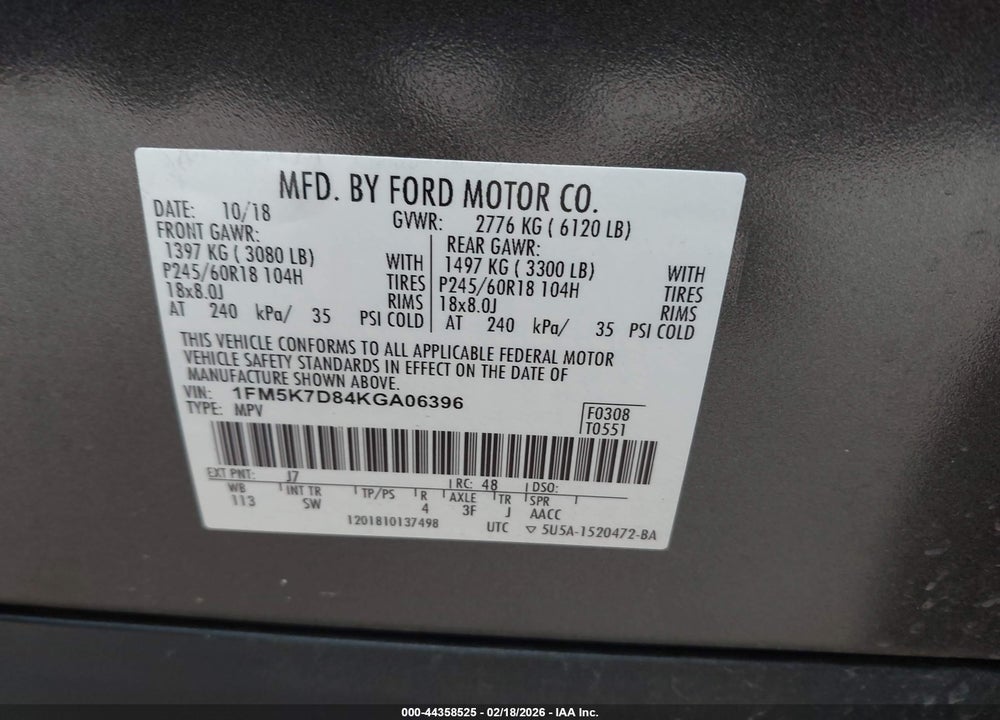 2019 FORD EXPLORER XLT VIN: 1FM5K7D84KGA06396
