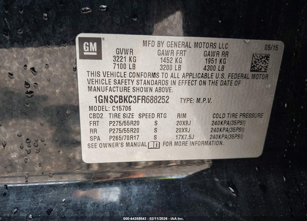 2015 CHEVROLET TAHOE LT VIN: 1GNSCBKC3FR688252