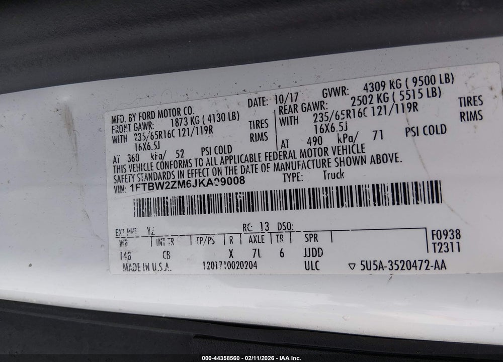 2018 FORD TRANSIT-350 VIN: 1FTBW2ZM6JKA09008