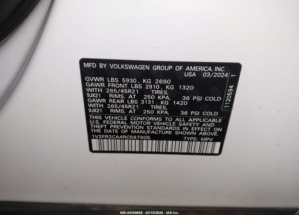 2024 VOLKSWAGEN ATLAS 2.0T SEL PREMIUM R-LINE VIN: 1V2FR2CA4RC567905