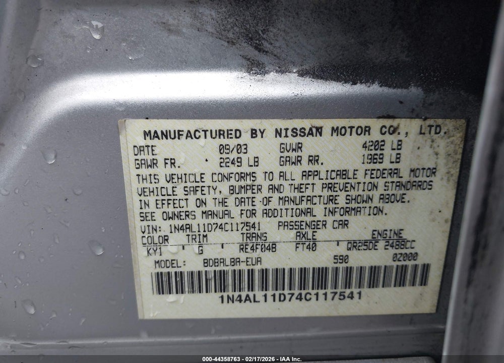 2004 NISSAN ALTIMA 2.5 SL VIN: 1N4AL11D74C117541