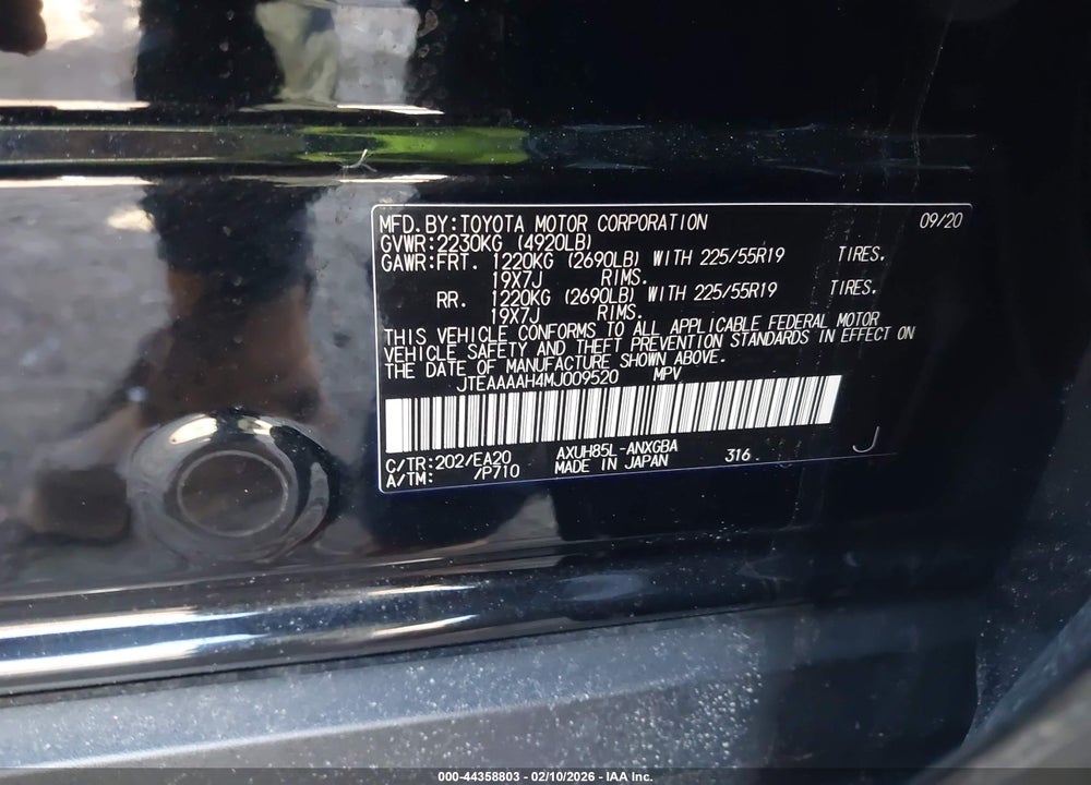2021 TOYOTA VENZA VIN: JTEAAAAH4MJ009520