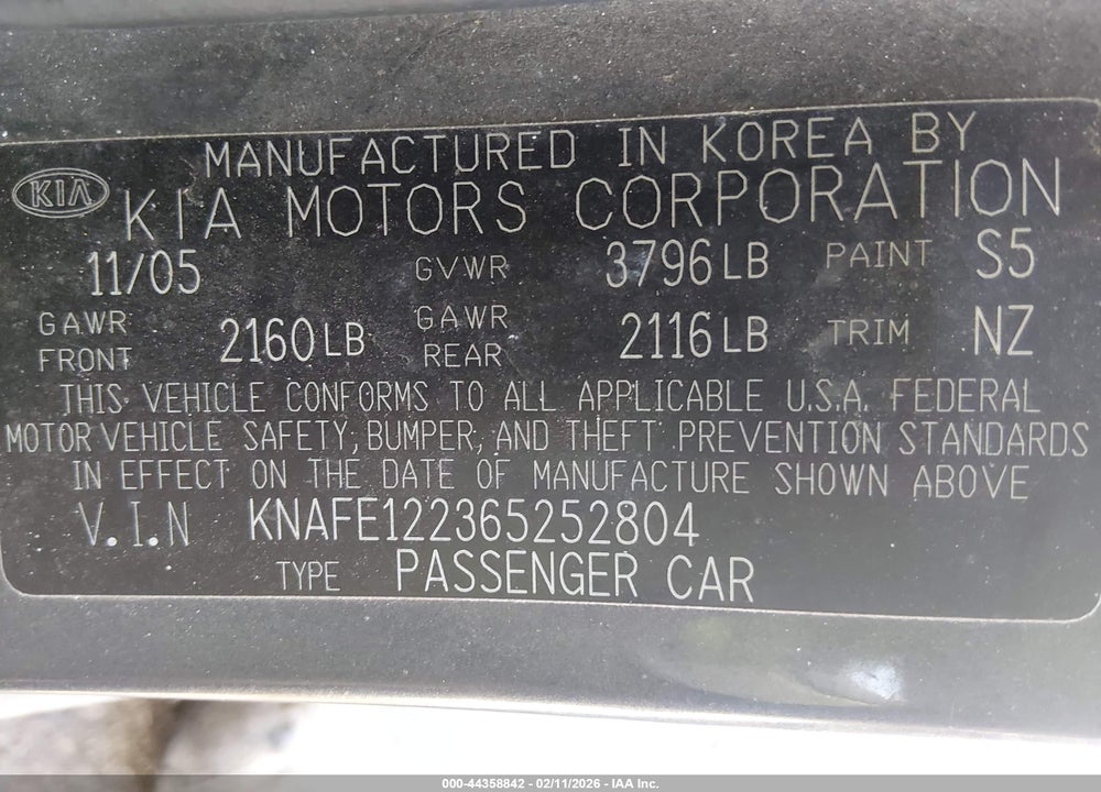2006 KIA SPECTRA EX/LX/SX VIN: KNAFE122365252804
