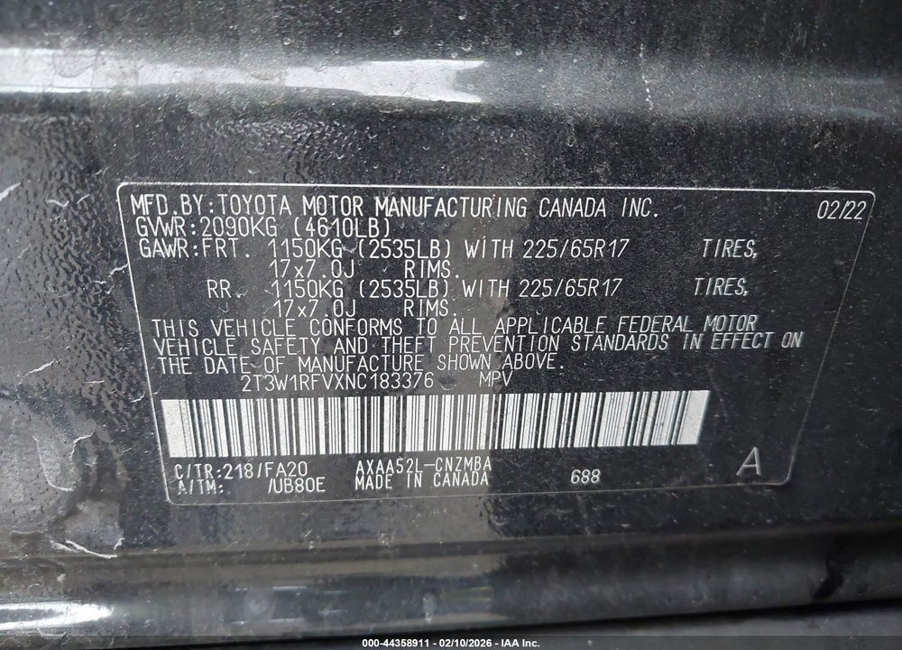2022 TOYOTA RAV4 XLE VIN: 2T3W1RFVXNC183376