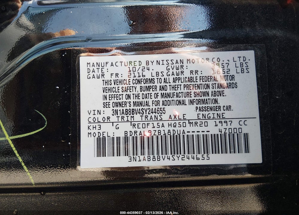 2025 NISSAN SENTRA S VIN: 3N1AB8BV4SY244655