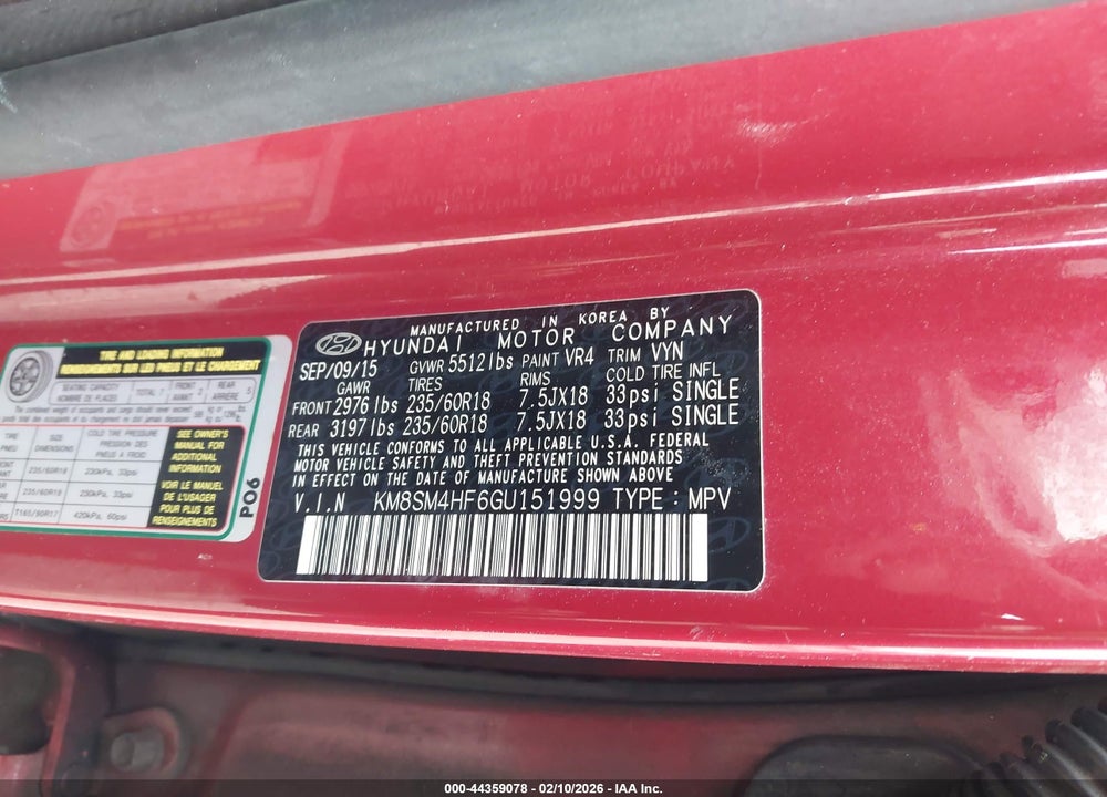 2016 HYUNDAI SANTA FE SE VIN: KM8SM4HF6GU151999