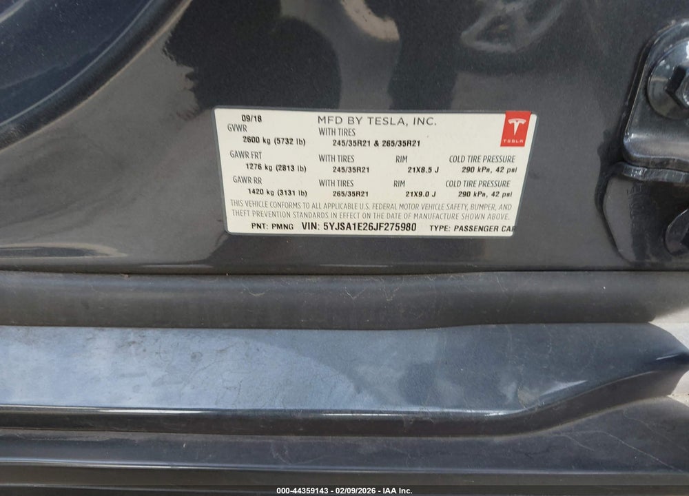 2018 TESLA MODEL S 100D/75D/P100D VIN: 5YJSA1E26JF275980
