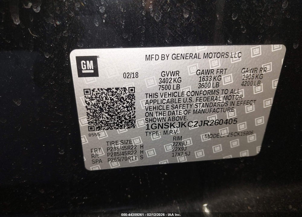 2018 CHEVROLET SUBURBAN PREMIER VIN: 1GNSKJKC2JR260405