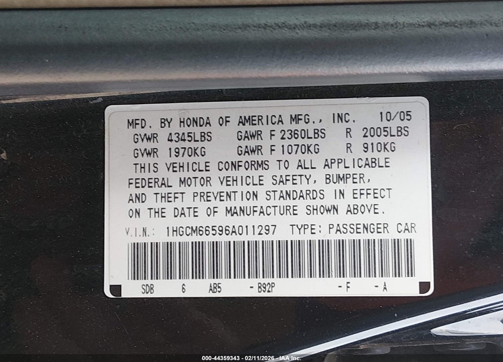 2006 HONDA ACCORD 3.0 EX VIN: 1HGCM66596A011297