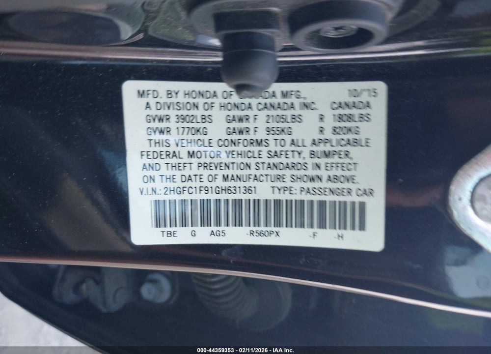 2016 HONDA CIVIC TOURING VIN: 2HGFC1F91GH631361