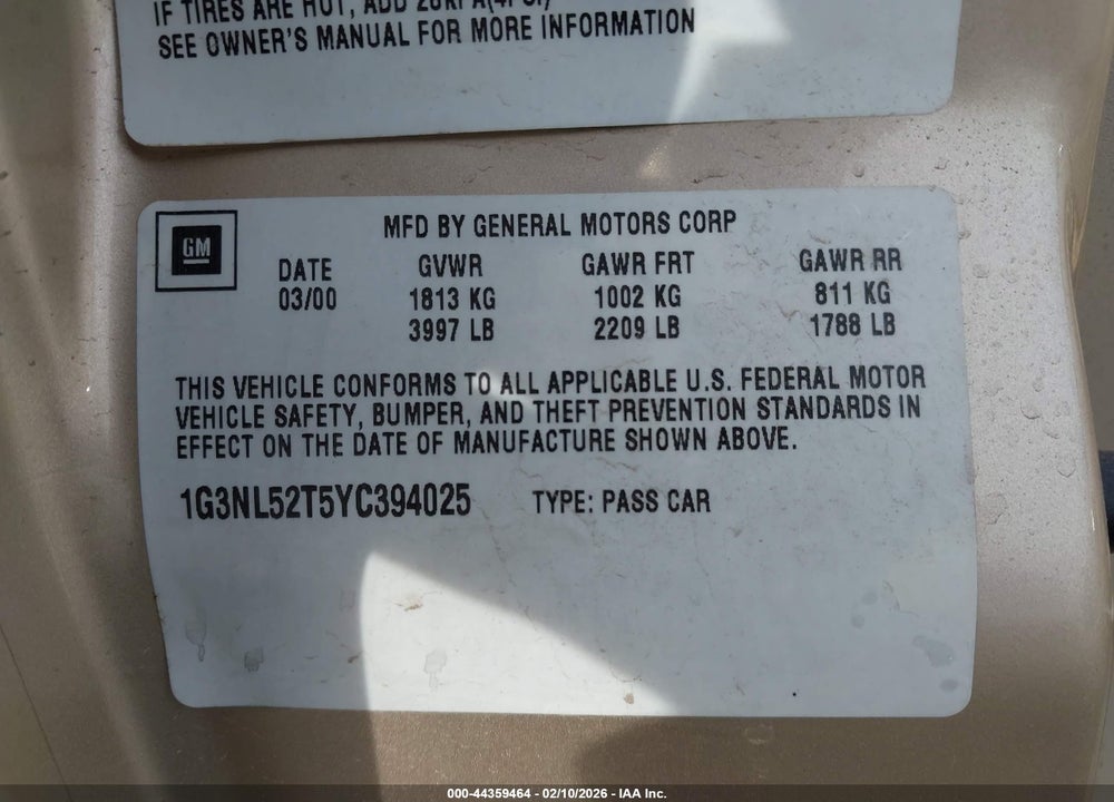 2000 OLDSMOBILE ALERO GL2 VIN: 1G3NL52T5YC394025