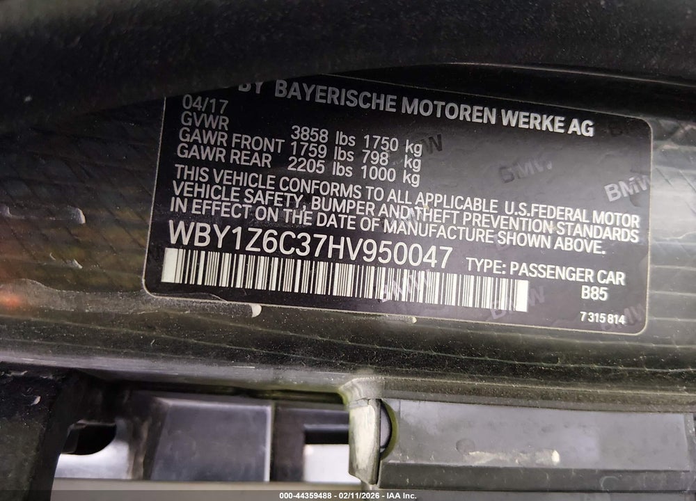 2017 BMW I3 94 AH VIN: WBY1Z6C37HV950047