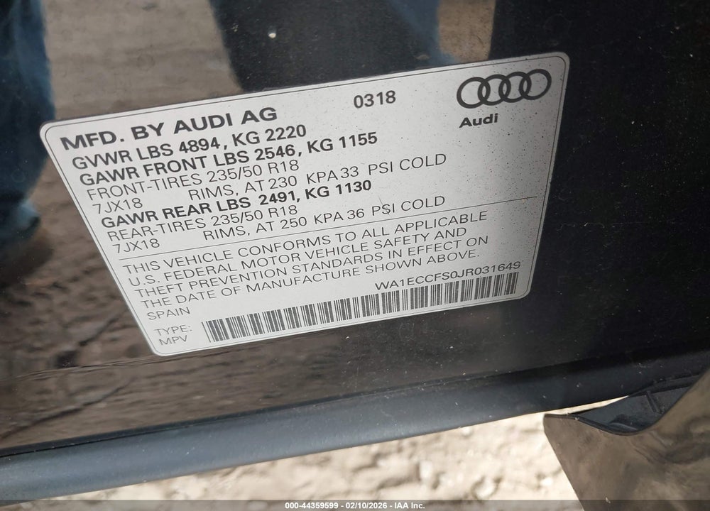 2018 AUDI Q3 2.0T PREMIUM VIN: WA1ECCFS0JR031649