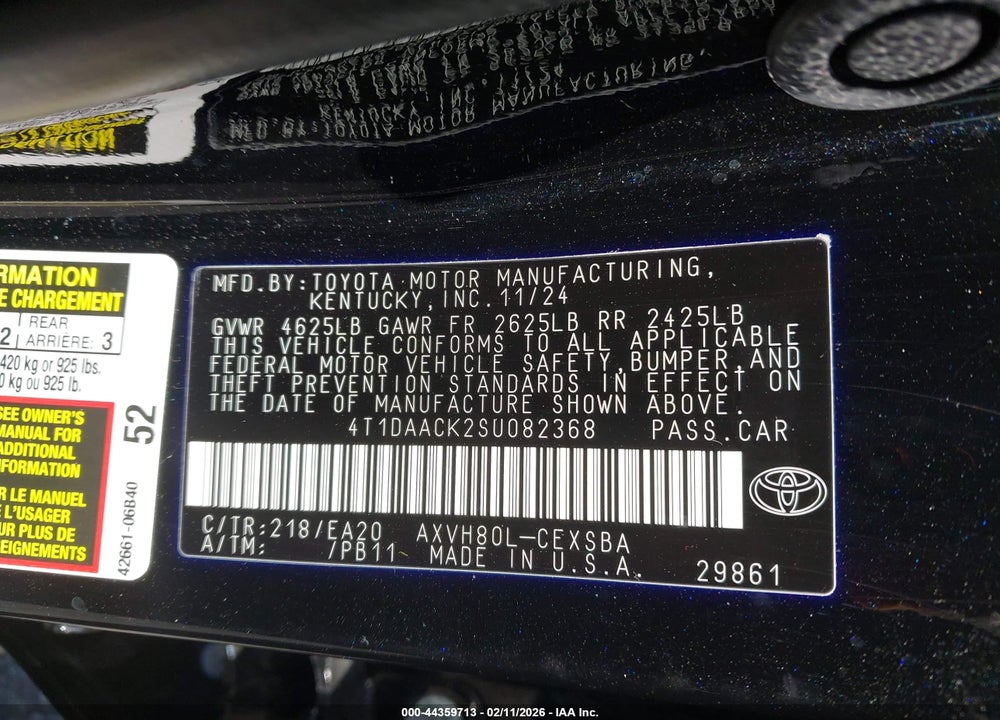 2025 TOYOTA CAMRY SE VIN: 4T1DAACK2SU082368