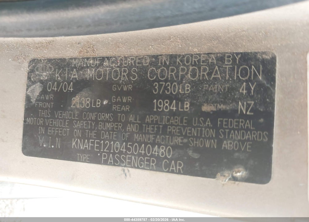 2004 KIA SPECTRA EX/LX VIN: KNAFE121045040480