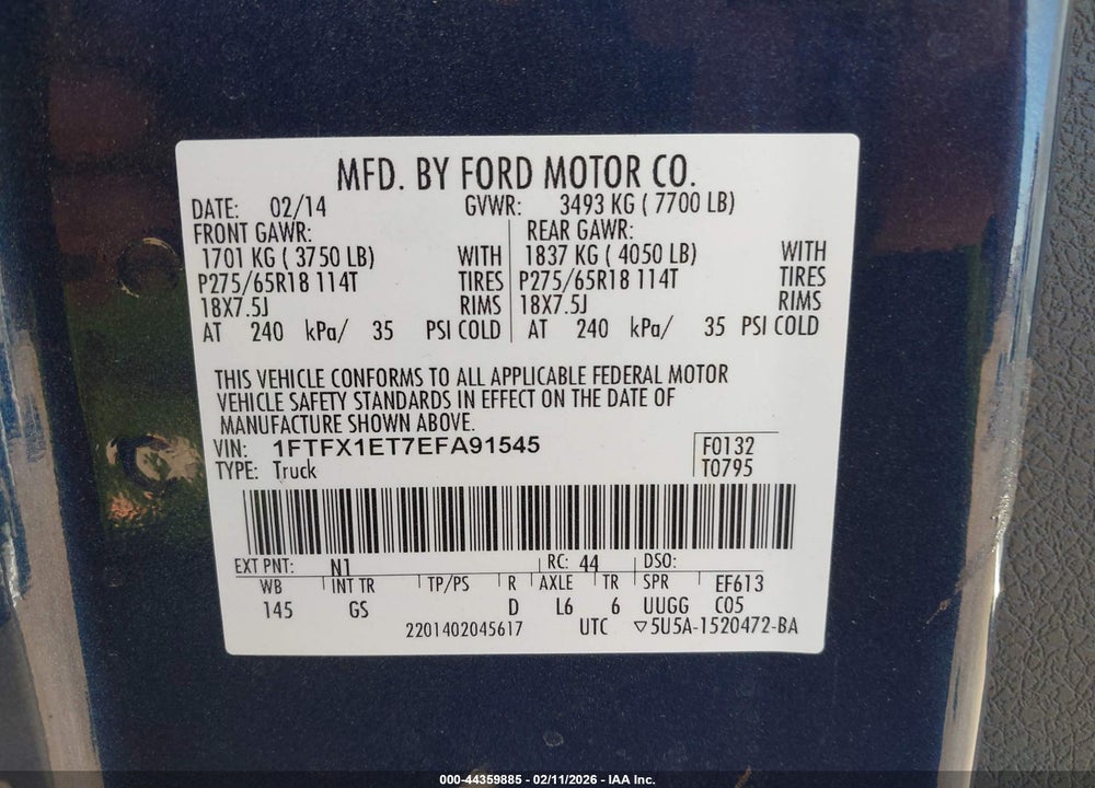 2014 FORD F-150 XLT VIN: 1FTFX1ET7EFA91545
