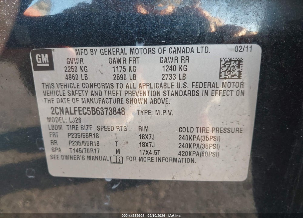 2011 CHEVROLET EQUINOX LTZ VIN: 2CNALFEC5B6373848