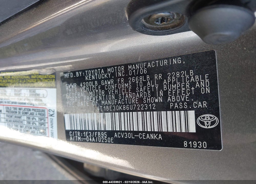 2006 TOYOTA CAMRY LE VIN: 4T1BE30K86U722312
