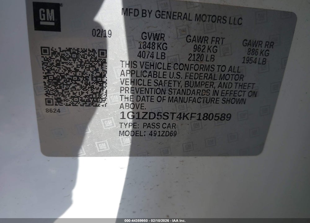 2019 CHEVROLET MALIBU LT VIN: 1G1ZD5ST4KF180589